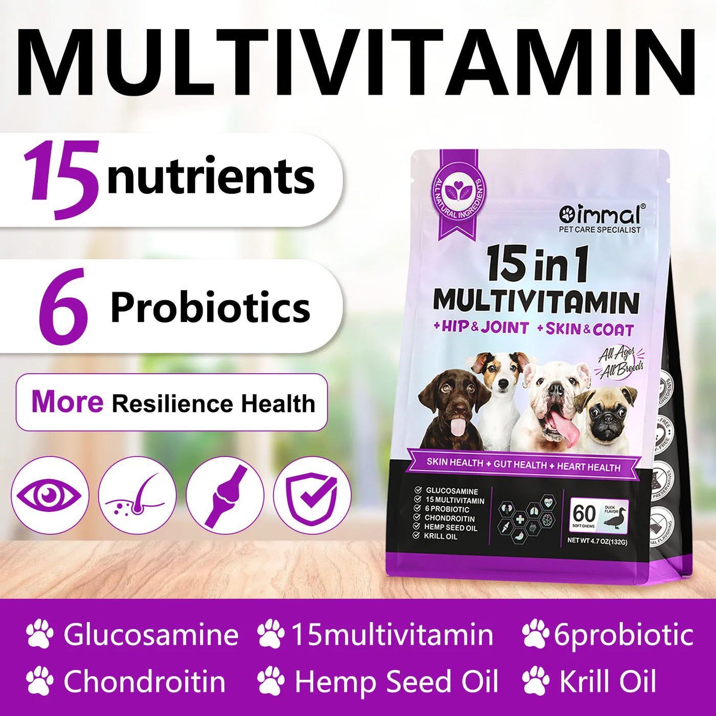 15 in 1 Multivitamin for Dogs Help Hip Joint Skin and Coat 2*60 Soft Chews Support Skin Gut Heart Health Glucosamine Duck Flavor