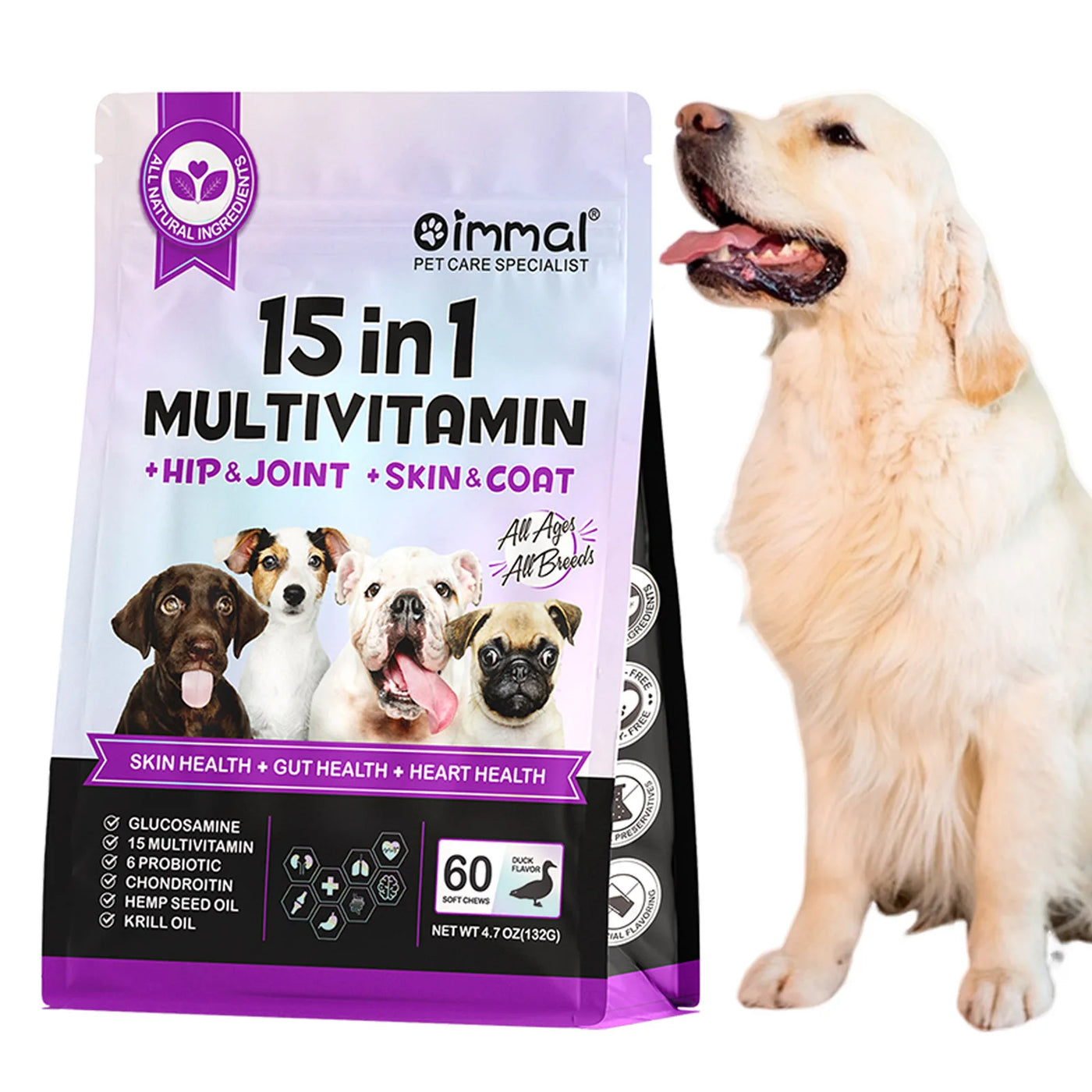 15 in 1 Multivitamin for Dogs Help Hip Joint Skin and Coat 2*60 Soft Chews Support Skin Gut Heart Health Glucosamine Duck Flavor