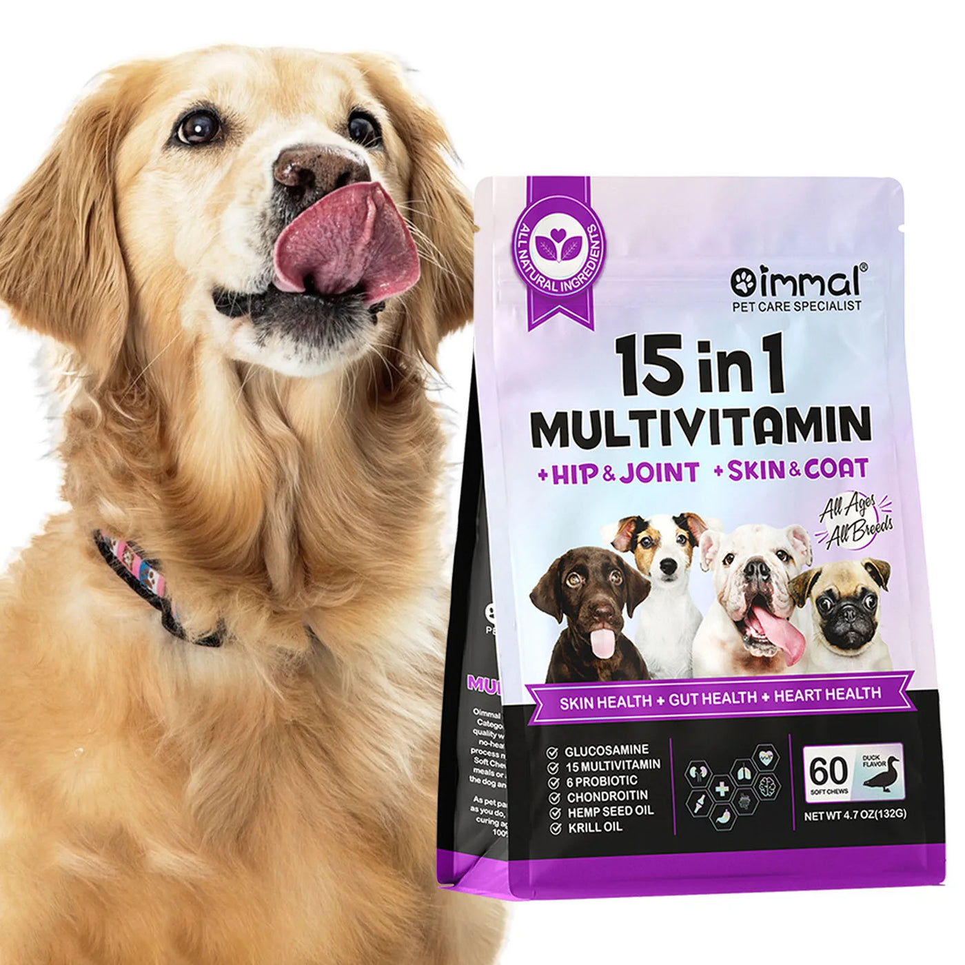 15 in 1 Multivitamin for Dogs Help Hip Joint Skin and Coat 2*60 Soft Chews Support Skin Gut Heart Health Glucosamine Duck Flavor