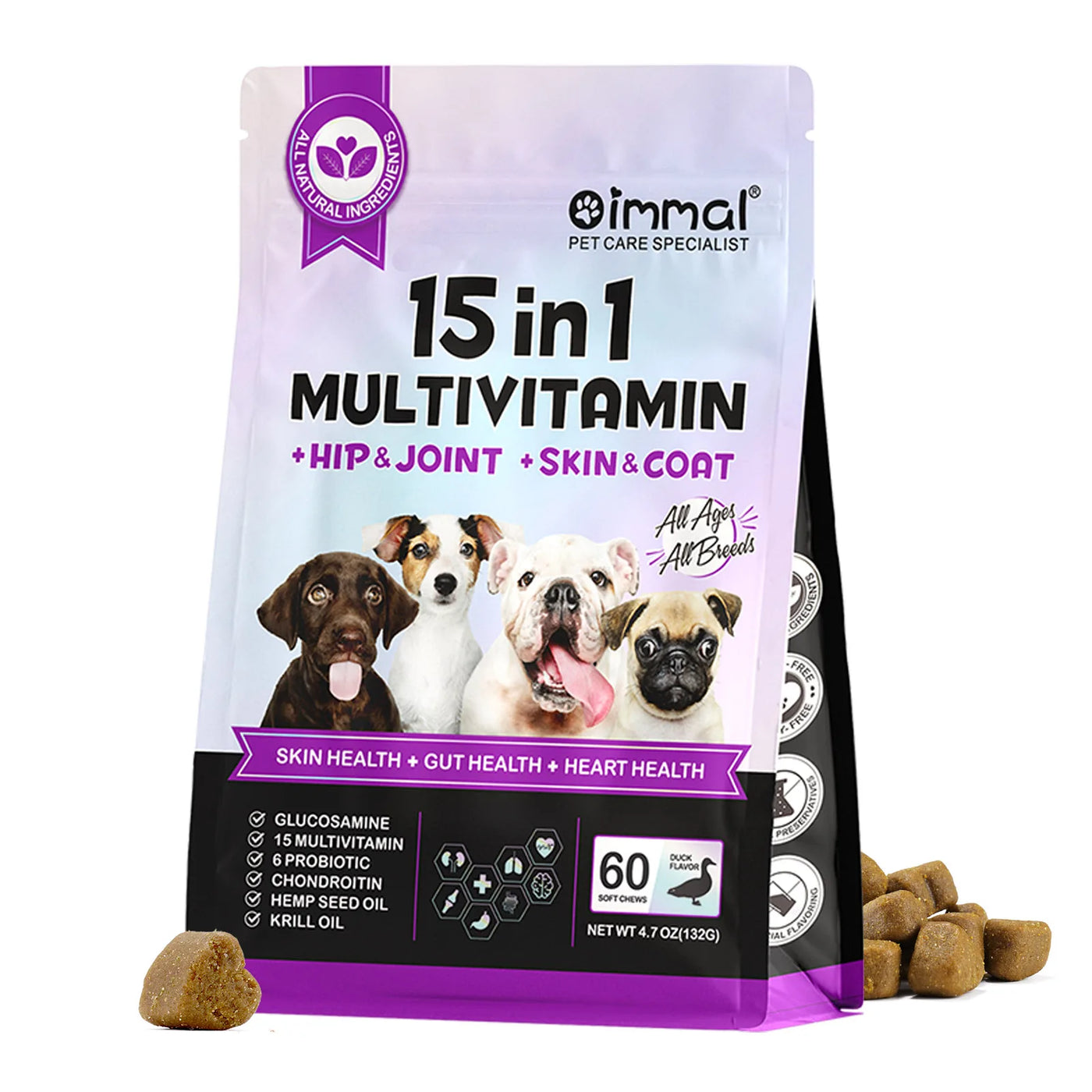 15 in 1 Multivitamin for Dogs Help Hip Joint Skin and Coat 2*60 Soft Chews Support Skin Gut Heart Health Glucosamine Duck Flavor