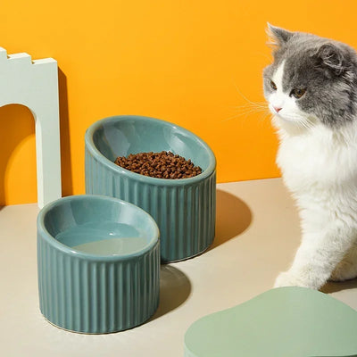 Ceramic Cat Water Bowl Striped Small Dogs Food Feeders Elevated Pet Drinking Eating Feeding Bowls