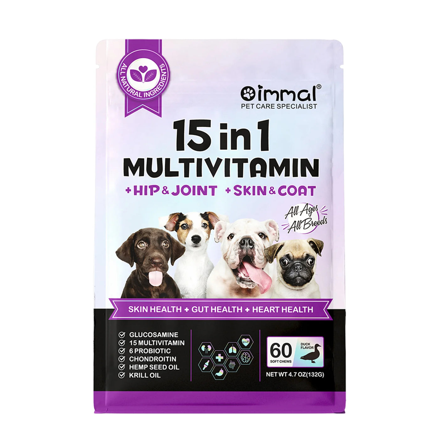 15 in 1 Multivitamin for Dogs Help Hip Joint Skin and Coat 2*60 Soft Chews Support Skin Gut Heart Health Glucosamine Duck Flavor